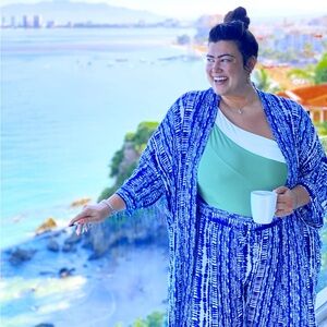 Eloquii Blue and White Tie-Dye Kaftan/Duster and Pants (Sold as set)